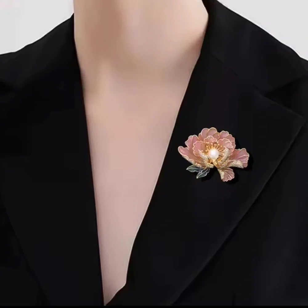 Blush Elegance Pearl & Crystal Floral Brooch